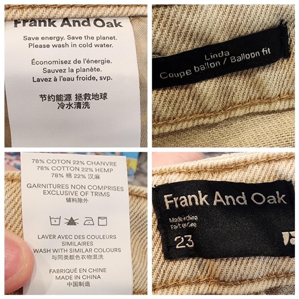 NWT Frank & Oak Linda Balloon Fit Tan Khaki Jeans. Women's size 23. Hemp/Cotton - Picture 3 of 16